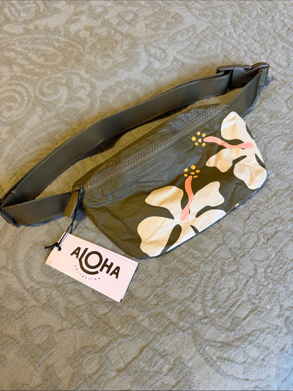 ALOHA Collection olive crossbody bag with white and pink hibiscus